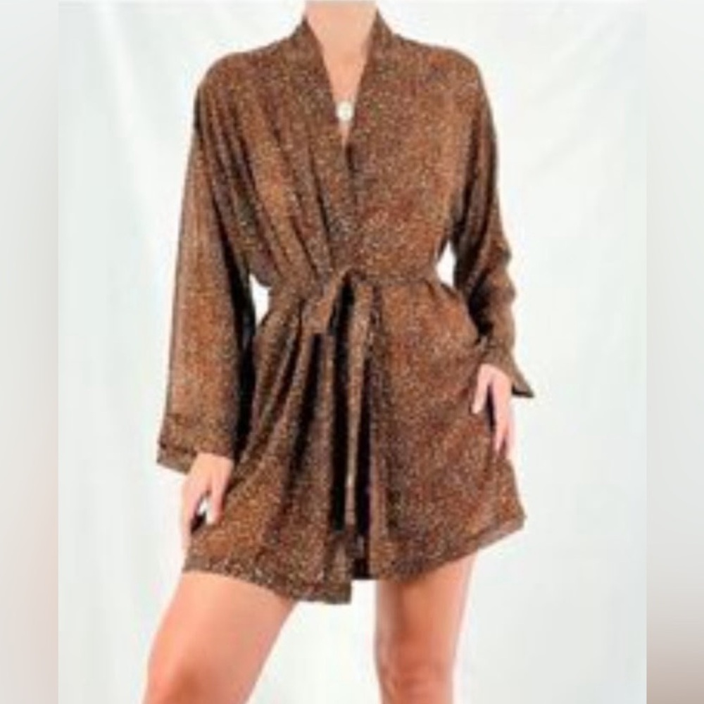 Victoria's Secret brown Leopard Print belted long sleeve sheer kimono Robe